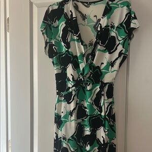 Green and Black Flutter Sleeve Wrap Midi Dress